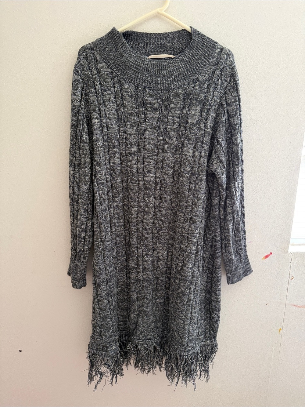 Soft Surroundings Marled Gray Cable Knit Fringe-Hem Sweater Dress